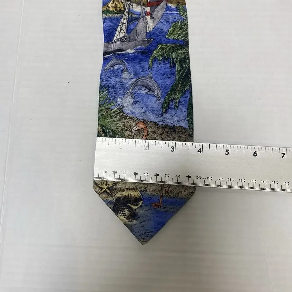 Tropicals by Tango Mens Silk Tie Flamingo Dolphins Sailboat Beach Resort Novelty